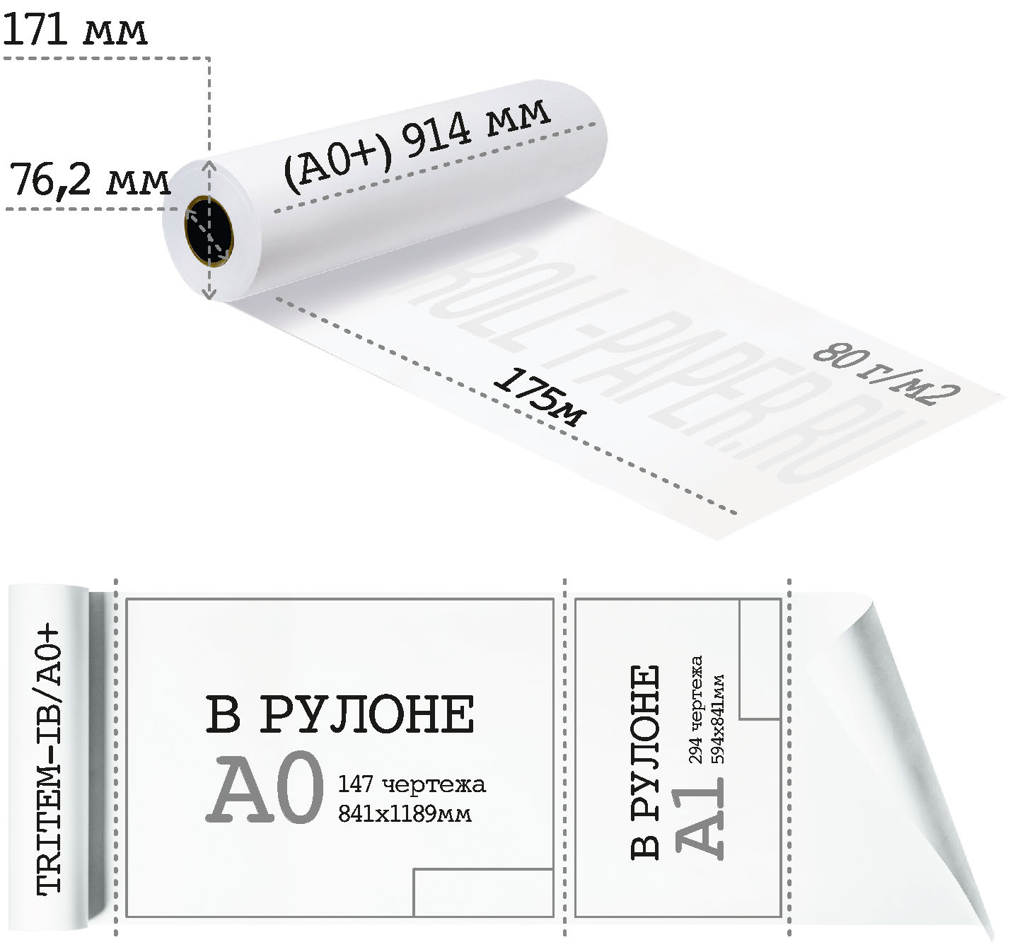 Бумага формата A0 914мм*175м*76мм 80 г/м2 для инженерных машин